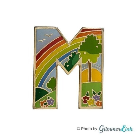 Multicolor Enamel Letter M Spring Summer Rainbow Theme Gold Tone Brooch Pin - Picture 1 of 6
